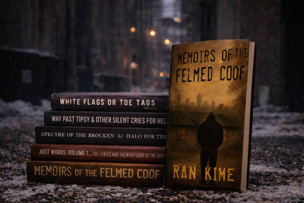 Stack of books by Ran Kime on a cold snowy Boston alley featuring Memoirs of the Felmed Coof and other works in gritty literary noir style